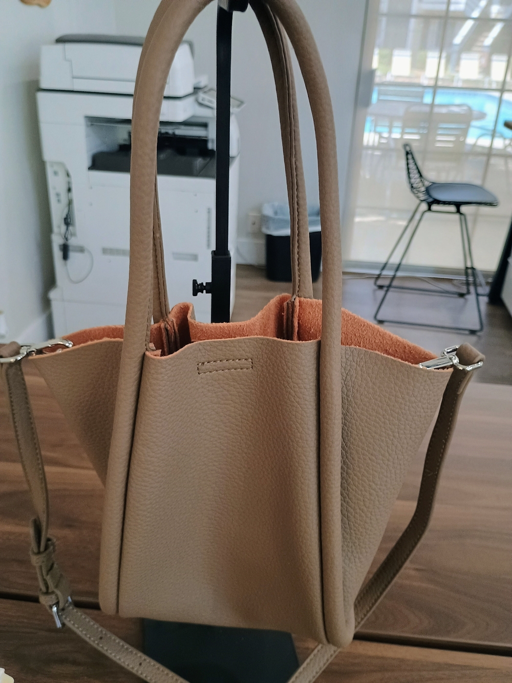 Melie Bianco Taupe Mini Tote with Orange Suede Lining